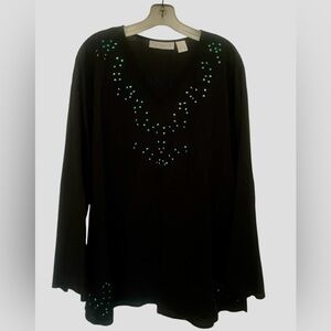 Jane Ashley Black Long-Sleeve V-Neck Top with Sequin embroidered  Detail